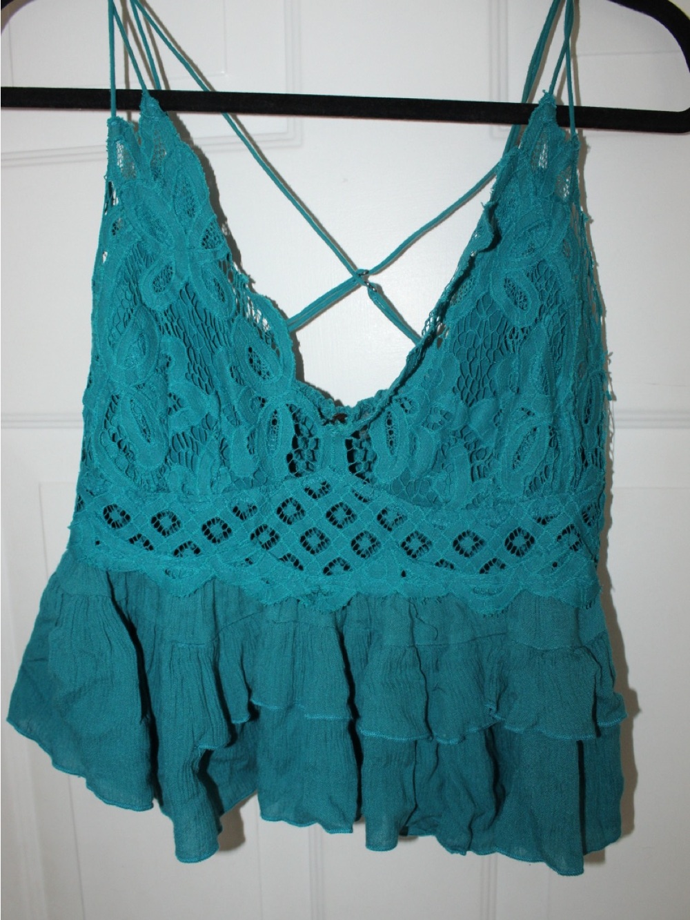 Free People Teal Lace Ruffle Tank with Crisscross Straps
